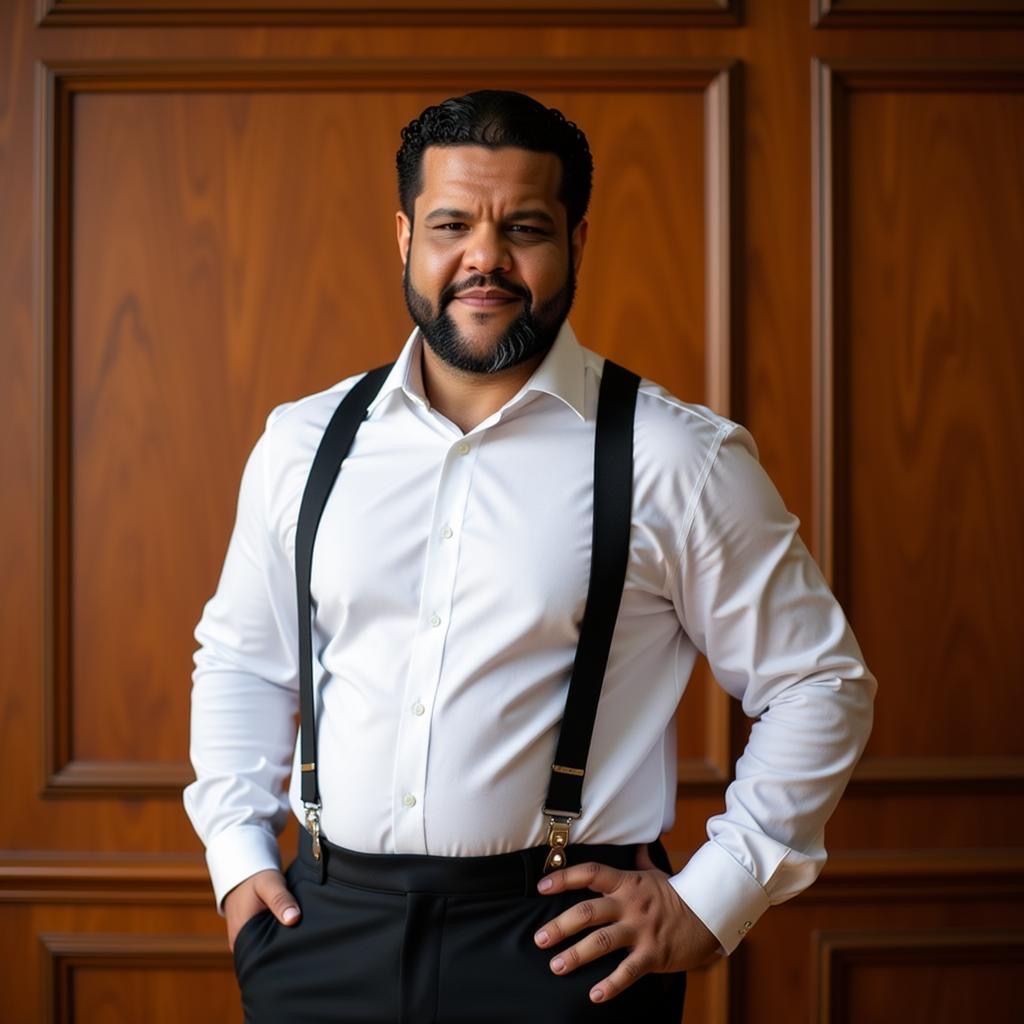 Brandon in a white shirt and suspenders